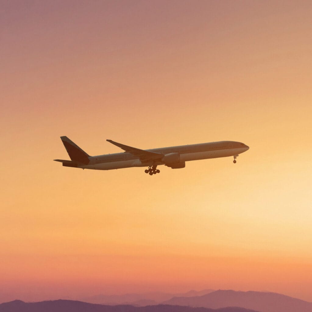 A plane flying as the sun sets