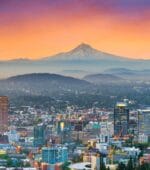 Oregon sunset, city and mountains