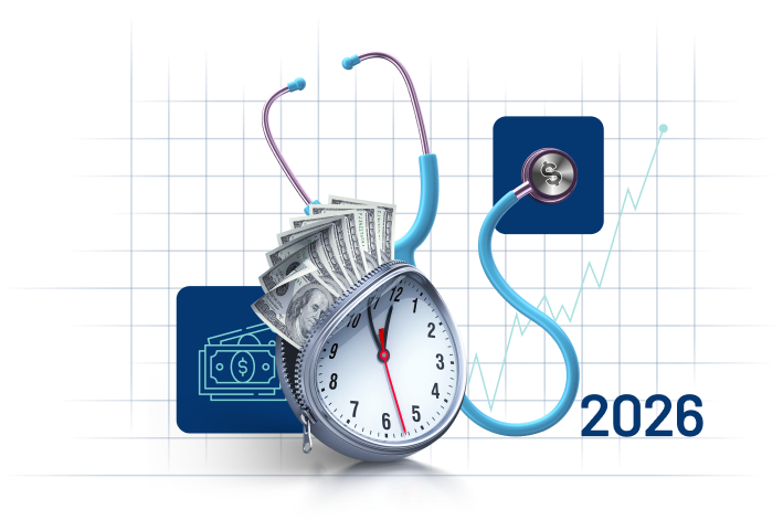 Illustration of a stethoscope, cash and a rising earnings chart