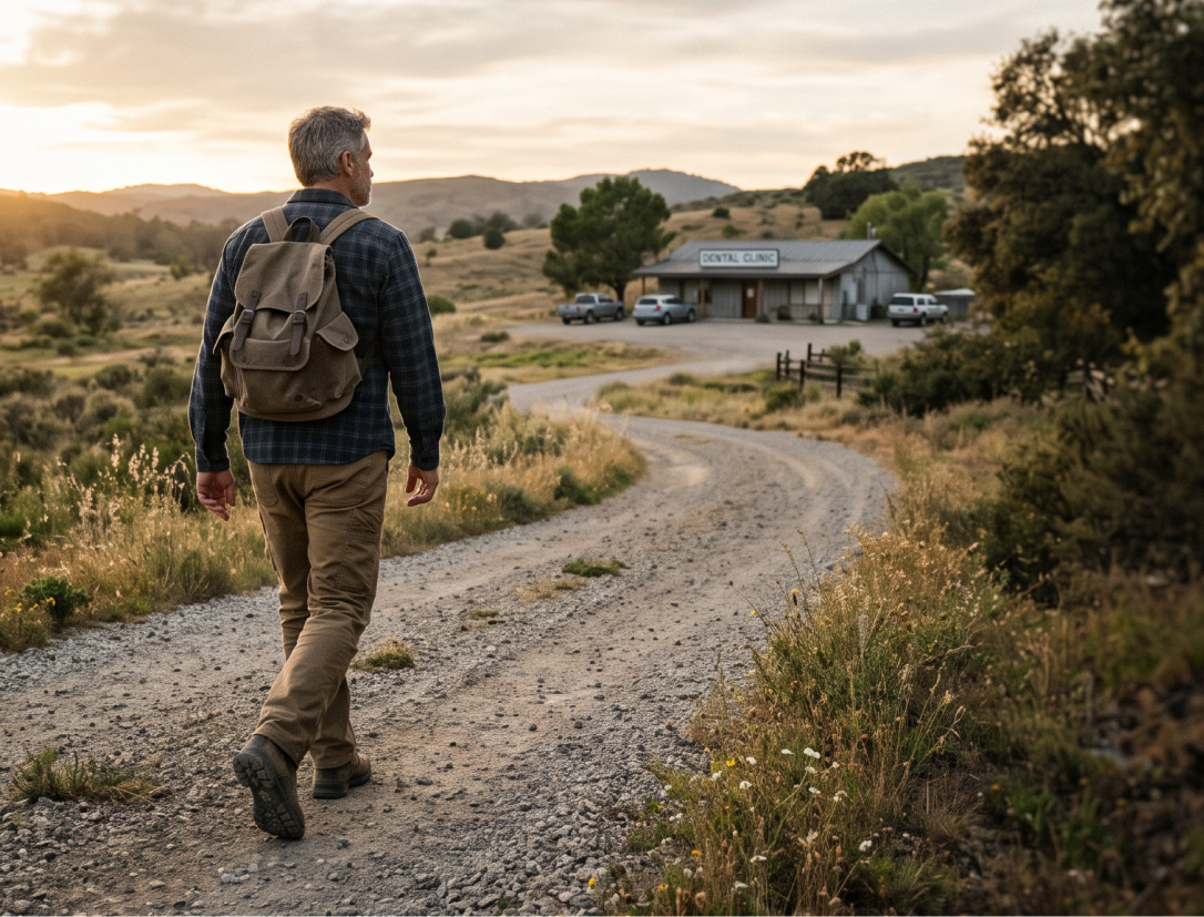 A dentist walking toward a rural tribal community dental clinic