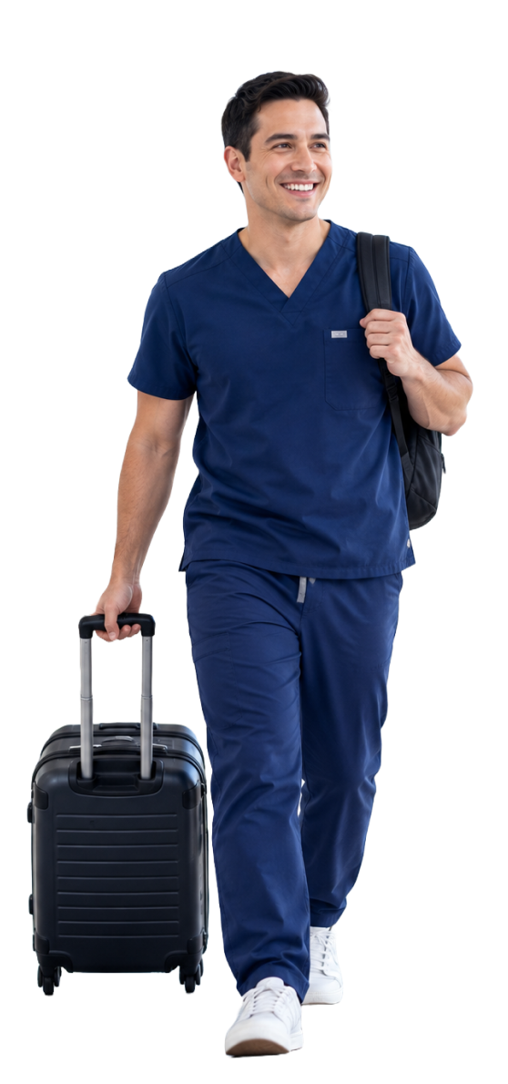 Dentist walking with a rolling suitcase, ready for a locum assignment